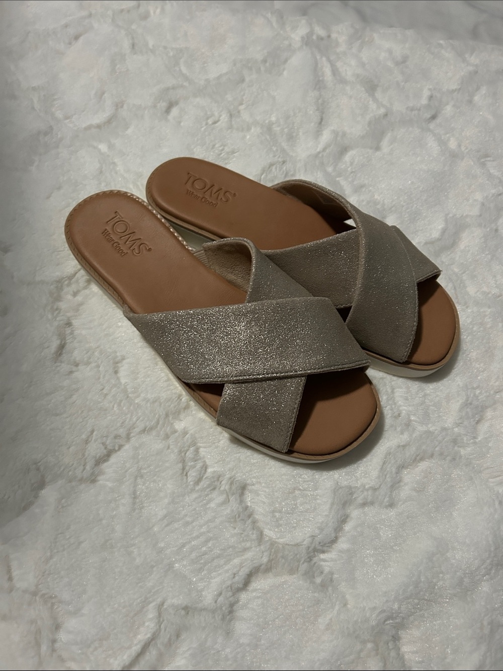 TOMS Metallic Taupe Crossband Slide Mules